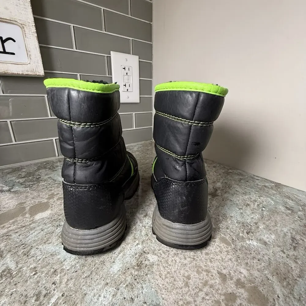 Wonder Nation Kids Snow Boots 10‎ Zip Up Fleece Water Resistant Black Neon Green